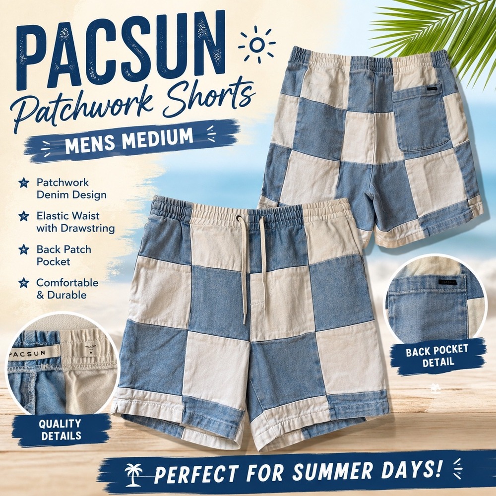 PacSun Volley Patchwork Denim Shorts Mens Med Blue White Checkered Elastic Waist